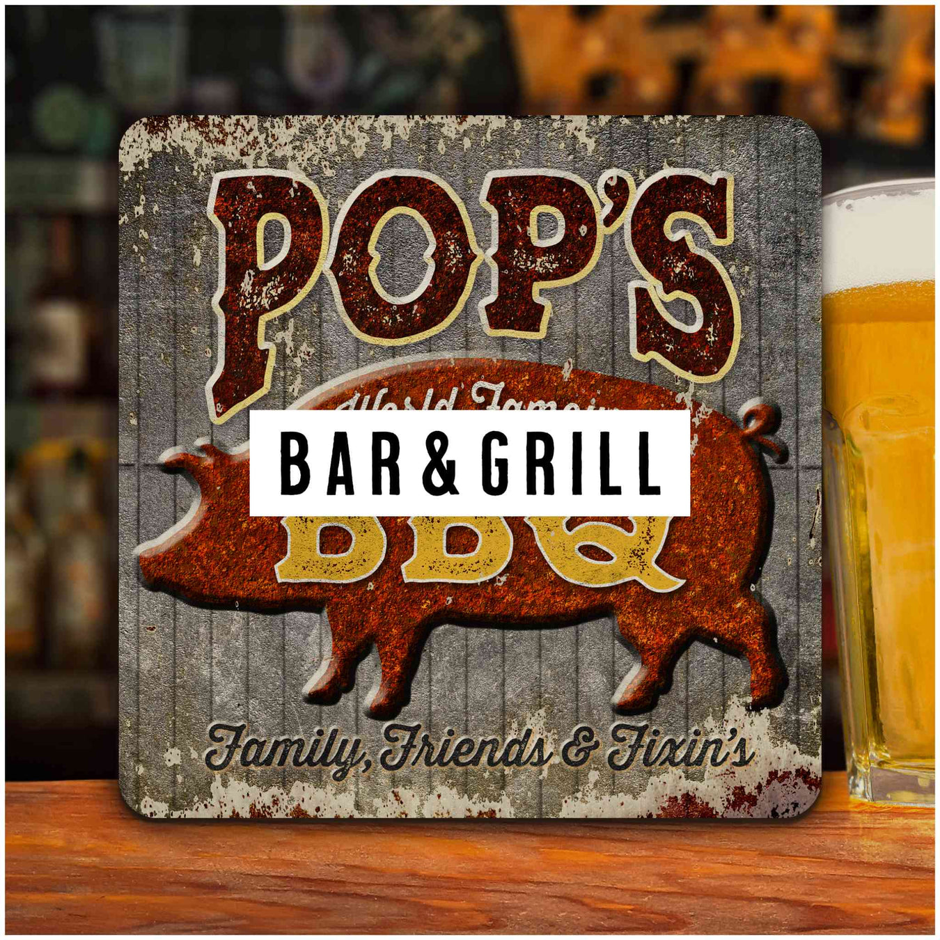 One of Sunshine Corner's Bar and Grill Signs, "Pop's BBQ" with a banner labeled "Bar and grill" on top with a dark overlay.