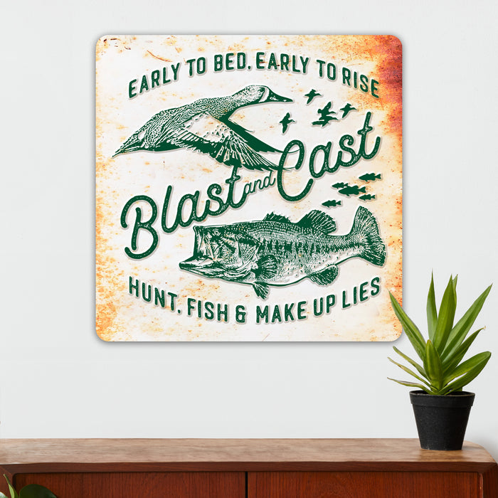 Fishing and Hunting Wall Decor - Blast and Cast - Duck & Fish - Metal Sign