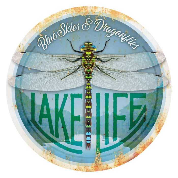 Sunshine Corner's customizable, aluminum composite lake house sign that says, "Blue Skies and Dragonflies - Lake Life".