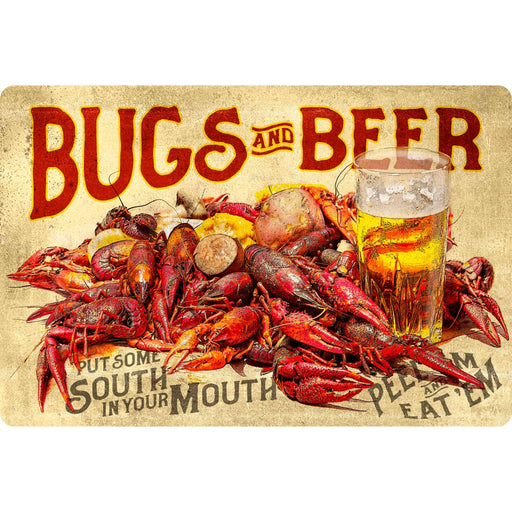 Sunshine Corner's, customizable crawfish boil decor that says, "Bugs & Beer - Put some soouth in your mouth - Peel 'Em and Eat 'Em".