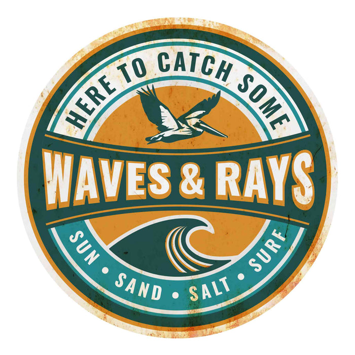 Sunshine Corner's customizable, aluminum composite beach house decor that says, "Here To Catch Some Waves and Rays - Sun, Sand, Salt, & Surf".