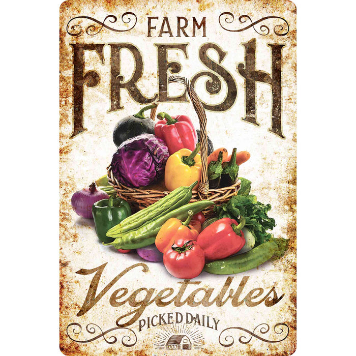 Sunshine Corner's, customizable vegetable garden sign that says, "Farm Fresh Vegetables Picked Daily".