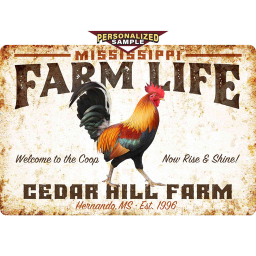 Personalized example of Sunshine Corner's customizable, farm animal decor that says, "Mississippi Farm life The Good Life - Welcome to the coop - now rise and shine - Cedar Hill Farm - hernando Mississippi - Est. 1996".