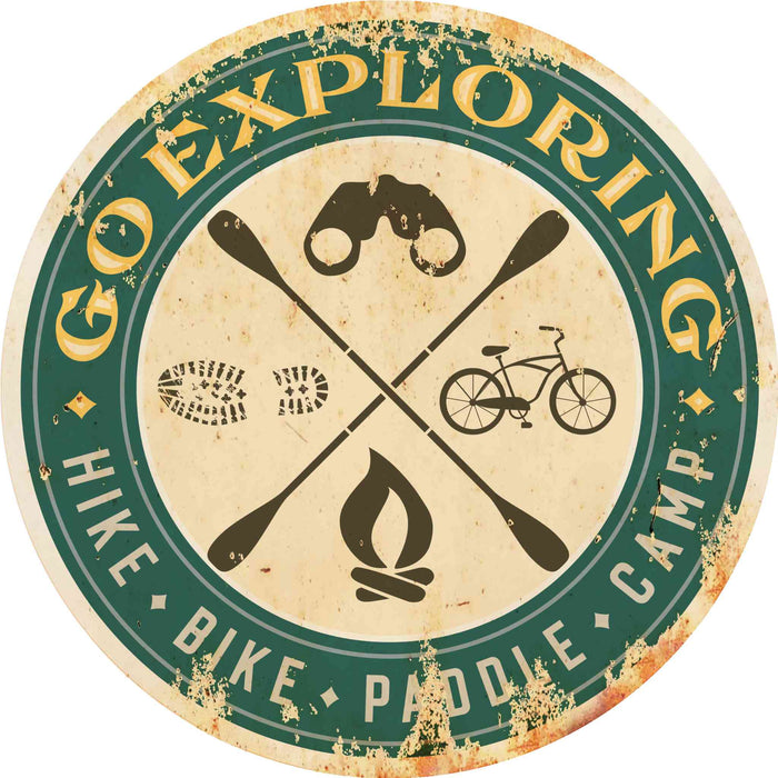 Sunshine Corner's customizable, kayaking sign and adventure decor that says, "Go Exploring - Hike, Bike, Paddle, Camp".
