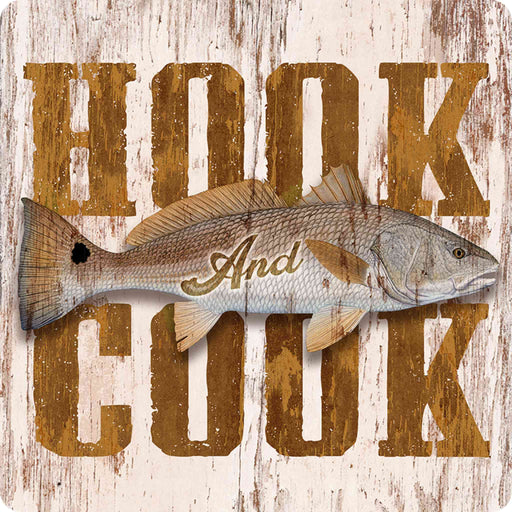 Sunshine Corner's customizable, fishing camp and redfish decor that says, "Hook and Cook".