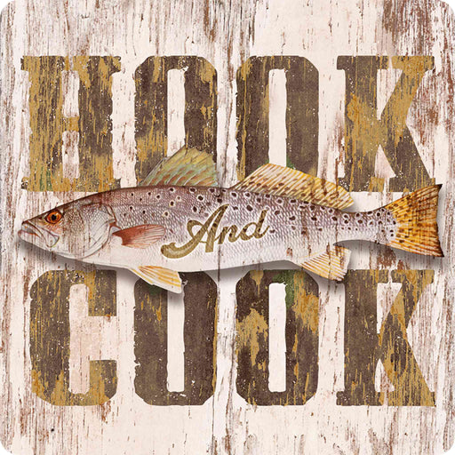 Sunshine Corner's customizable, fly fishing camp and trout decor that says, "Hook and Cook".