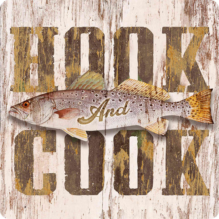 Sunshine Corner's customizable, fly fishing camp and trout decor that says, "Hook and Cook".