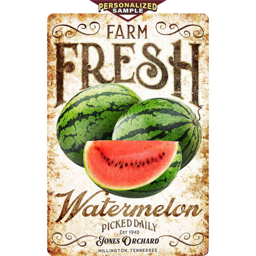 Personalized example of Sunshine Corner's customizable, farm fresh watermelon sign that says, "Farm fresh watermelon picked daily - Jones Orchard - millington, Tennessee - Est. 1940".