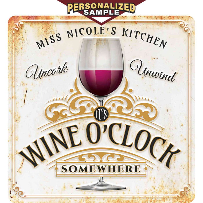 Personalized example of Sunshine Corner's customizable, wine wall decor and wine sign that says, "Miss Nicole's Kitchen It's Wine O'Clock Somewhere - Uncork & Unwind".