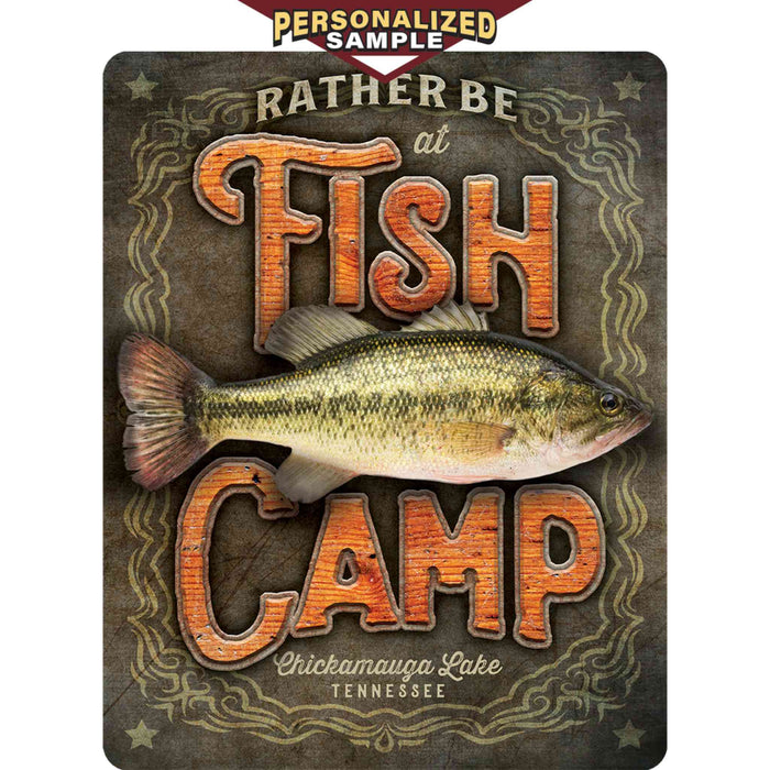 Personalized example of Sunshine Corner's, customizable fish camp sign and bass decor that says, "Rather be at Fish Camp - Chickamauga Lake, Tennessee".