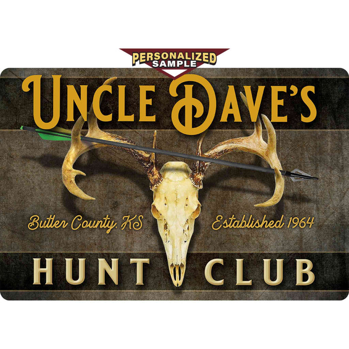 Personalized example of Sunshine Corner's, customizable deer hunting sign that says, "Uncle Dave's Hunt Club - Butler County, KS - Established 1964".