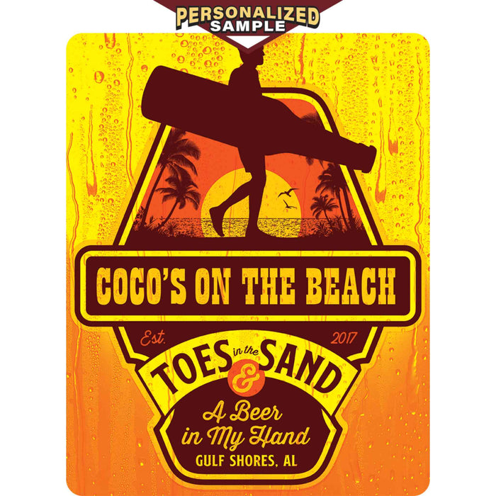 Personalized example of Sunshine Corner's, customizable beach house decor that says, "Coco's On The Beach - Toes in the Sand & A Beer In My Hand - Gulf Shores, AL - Est. 2017".
