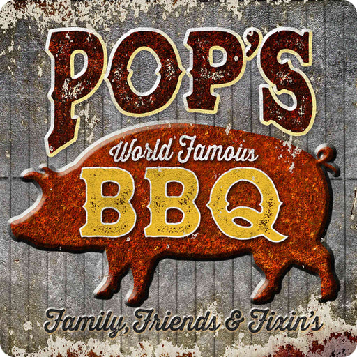 Sunshine Corner's, customizable bbq sign that says, "Pop's World Famous BBQ - Family, Friends, & Fixin's".