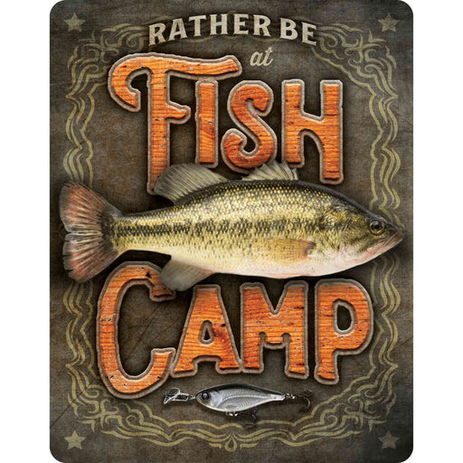 Sunshine Corner's, customizable fish camp sign and bass decor that says, "Rather be at Fish Camp".