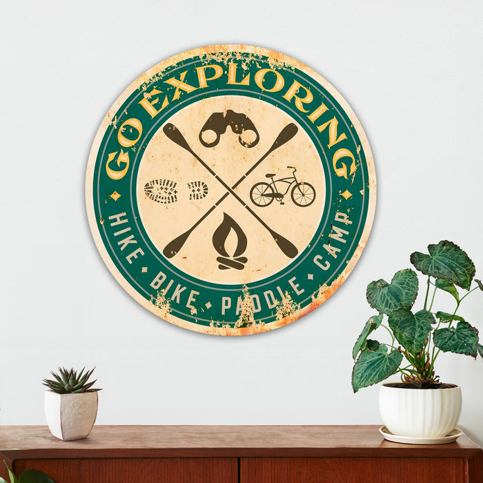 Hiking Wall Decor - Go Exploring - Hike, Bike, Paddle, and Camp - Metal Sign