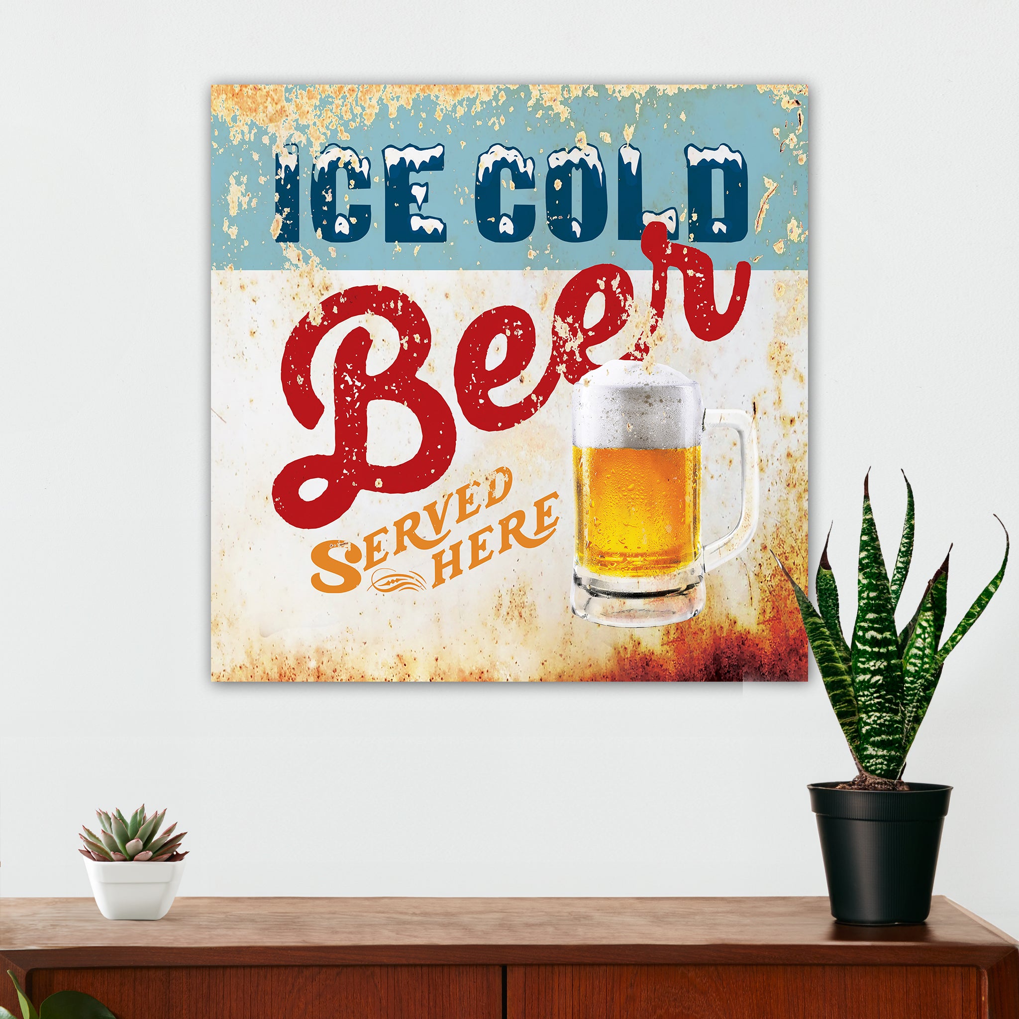 Man Cave Wall Decor - Ice Cold Beer Served Here - Canvas Sign