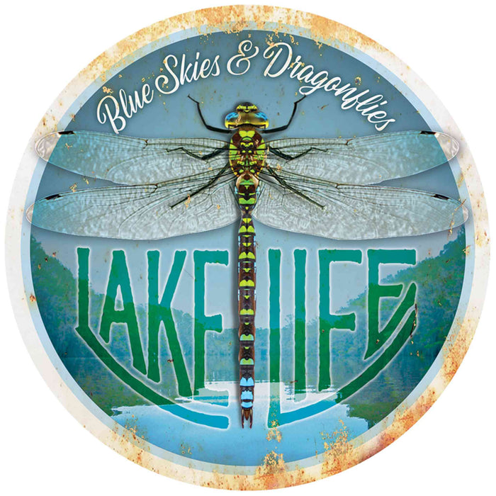 Blank example of Sunshine Corner's customizable, aluminum composite lake house sign that says, "Blue Skies and Dragonflies - Lake Life".