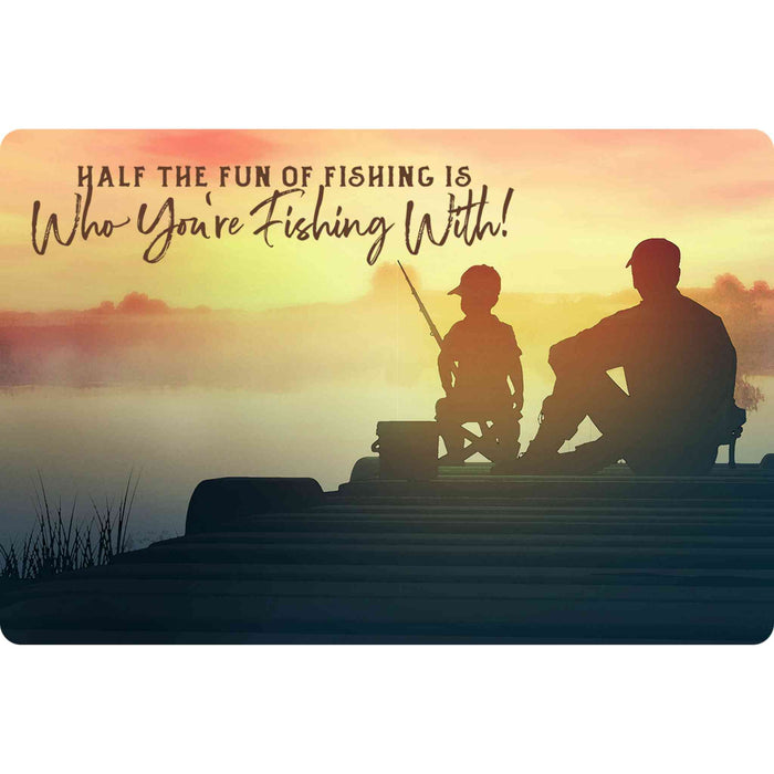 Sunshine Corner's customizable, fish camp decor that says, "Half the fun of fishing is who you're fishing with".