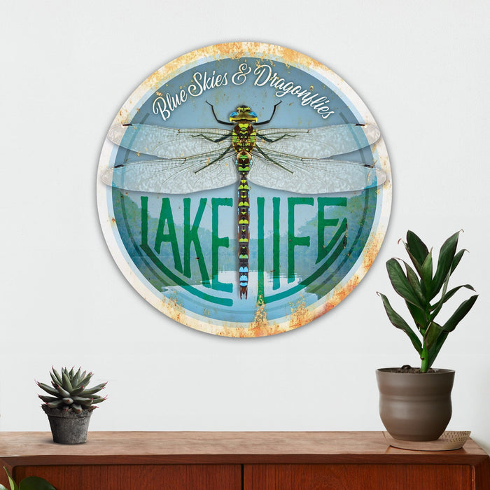 Lakehouse Wall Decor - Blue Skies & Dragonflies - Metal Sign