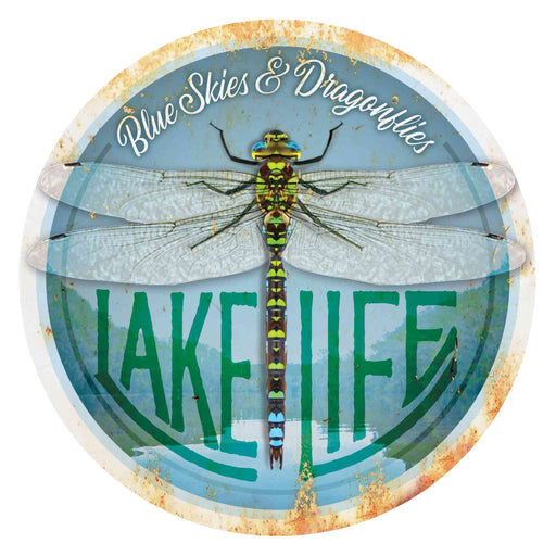 Sunshine Corner's customizable, aluminum composite lake house sign that says, "Blue Skies and Dragonflies - Lake Life".