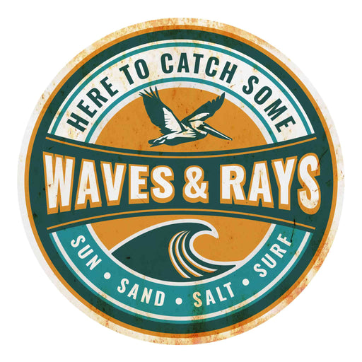 Sunshine Corner's customizable, aluminum composite beach house decor that says, "Here To Catch Some Waves and Rays - Sun, Sand, Salt, & Surf".