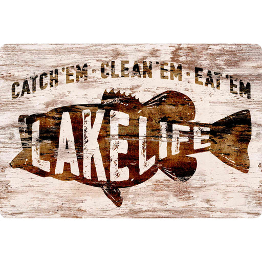 Sunshine Corner's customizable, aluminum composite fish camp and lake house sign that says, "Catch'Em - Clean'Em - Eat'Em - Lake Life".