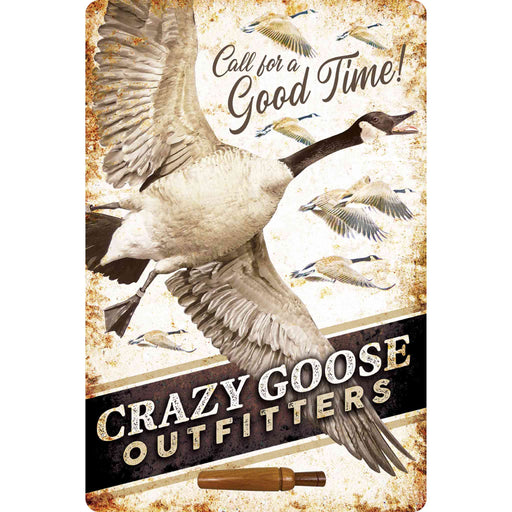 Sunshine Corner's customizable, aluminum composite hunting camp and goose hunting sign that says, "Crazy Goose Outfitters - Call For a Good Time".