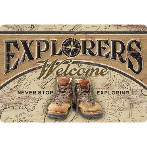 Sunshine Corner's customizable, hiking sign and adventure decor that says, "Explorers Welcome - Never Stop Exploring".