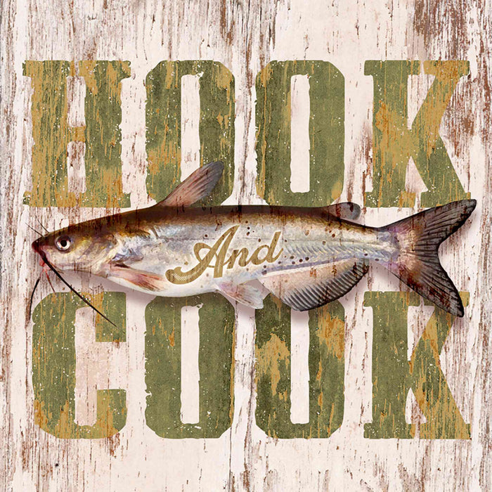 Sunshine Corner's customizable, fishing camp and catfish decor that says, "Hook and Cook".