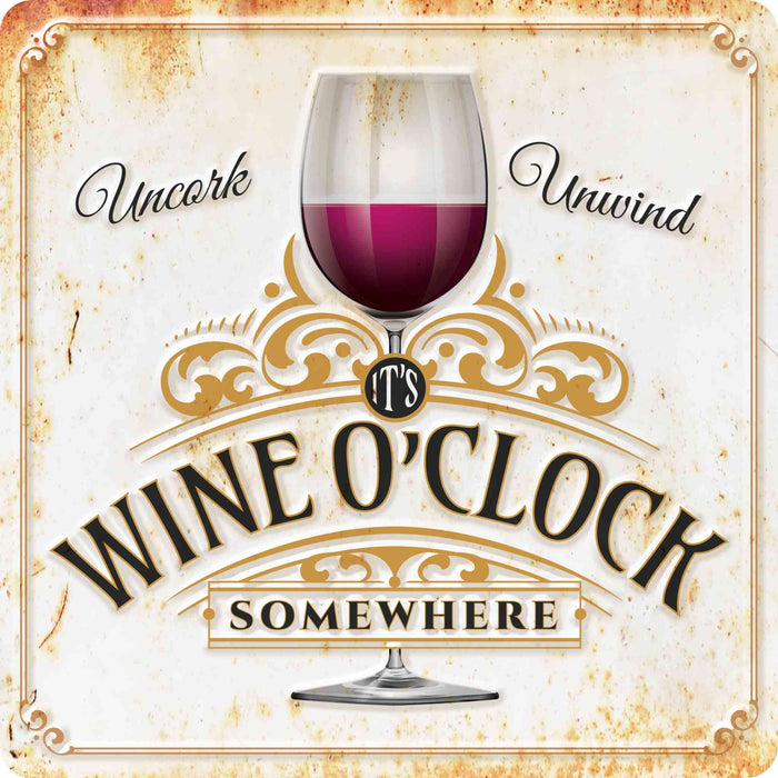 Sunshine Corner's customizable, wine wall decor and wine sign that says, "It's Wine O'Clock Somewhere - Uncork & Unwind".