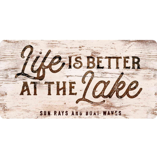 Sunshine Corner's customizable, lake house wall decor that says, "Life is better at the lake - sun rays and boat waves".
