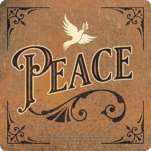 Sunshine Corner's Christian sign and prayer room decor that says, "Peace - I have said these things to you, that in me you may have peace. In the world you will have tribulation. But take heart; I have overcome the world - John 16:33".