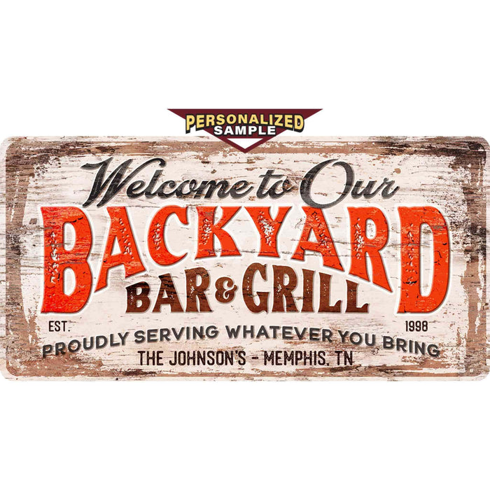 Personalized Rustic Yellow Aluminum Sign For Backyard Bar And Grill - Chico Creek Signs
