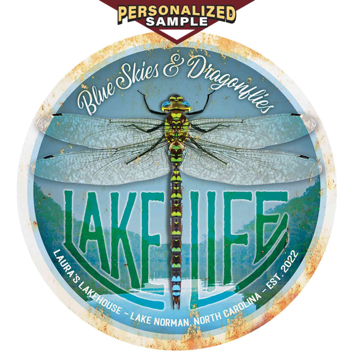 Personalized Example of Sunshine Corner's customizable, aluminum composite lake house sign that says, "Blue Skies and Dragonflies - Lake Life - Laura's Lakehouse - Lake Norman, North Carolina - Est. 2022".