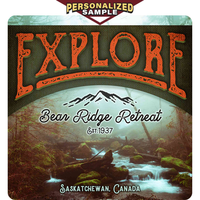 Personalized example of Sunshine Corner's customizable, Hiking and adventure decor that says, "Explore Bean Ridge Retreat - Saskatchewan, Canada - Est. 1937".