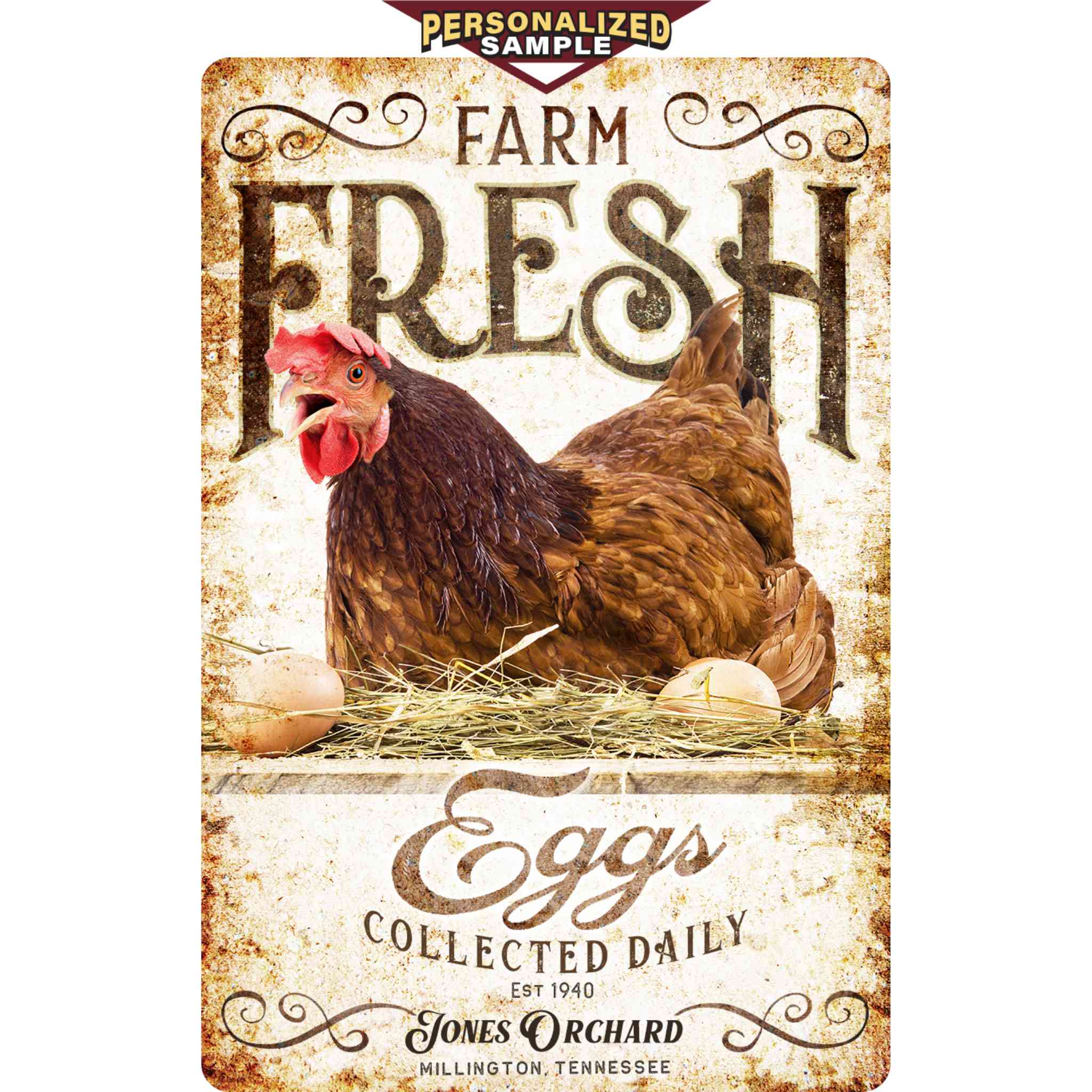 Personalized example of Sunshine Corner's customizable, farm fresh eggs sign and chicken coop decor that says, 