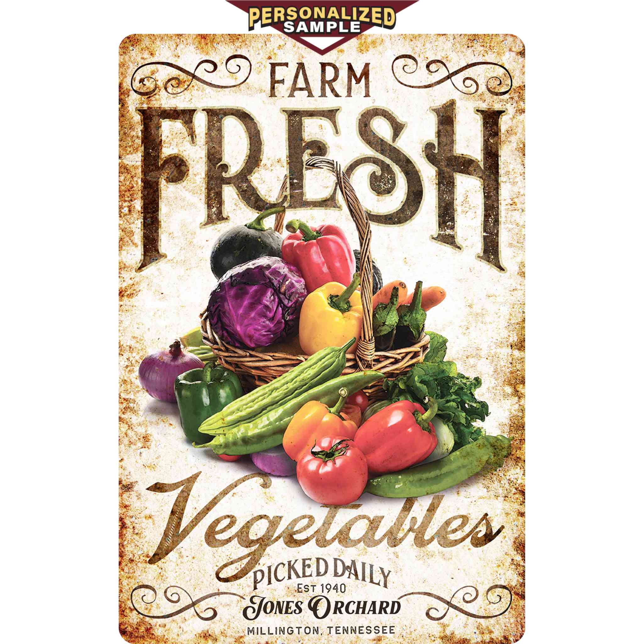 Personalized example of Sunshine Corner's, customizable vegetable garden sign that says, 