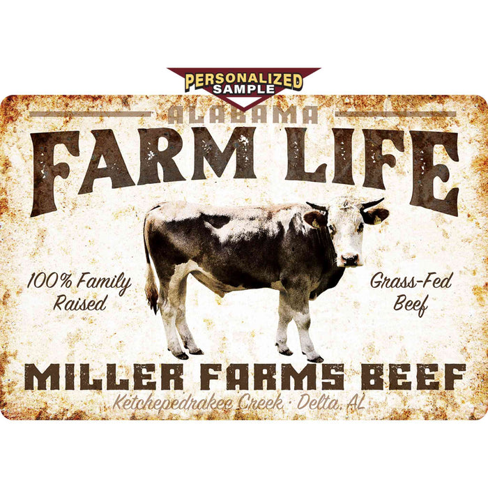 Personalized example of Sunshine Corner's customizable, farm animal decor that says, "Alabama Farm Life Miller Farms Beef - Ketchepedrakee Creek - Delta, AL - 100% Family Raised - Grass-Fed Beef".