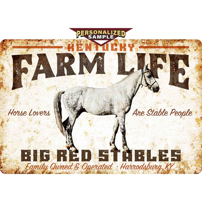 Sunshine Corner's customizable, farm animal decor that says, "Kentucky Farm life Big Red Stables - Horse Lovers are stable people - Family owned and operated - Harrodsburg, KY".