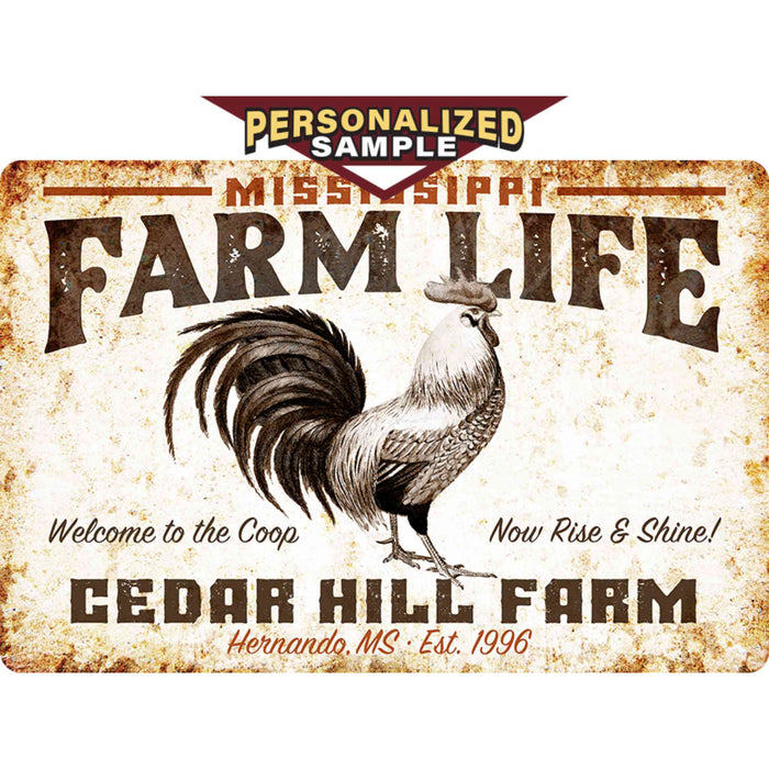 Personalized example of Sunshine Corner's customizable, farm animal decor that says, "Mississippi Farm life The Good Life - Welcome to the coop - now rise and shine - Cedar Hill Farm - hernando Mississippi - Est. 1996".