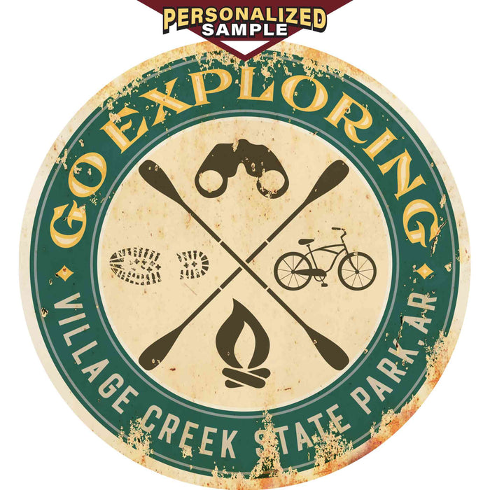 Personalized example of Sunshine Corner's customizable, kayaking sign and adventure decor that says, "Go Exploring - Village Creek State Park, Arkansas".
