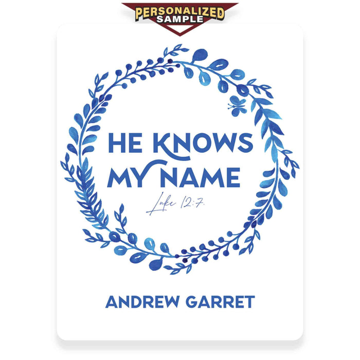 Personalized example of Sunshine Corner's customizable, Christian sign and baby shower gift that says, "He Knows my name - Luke 12:7 - Andrew Garret".
