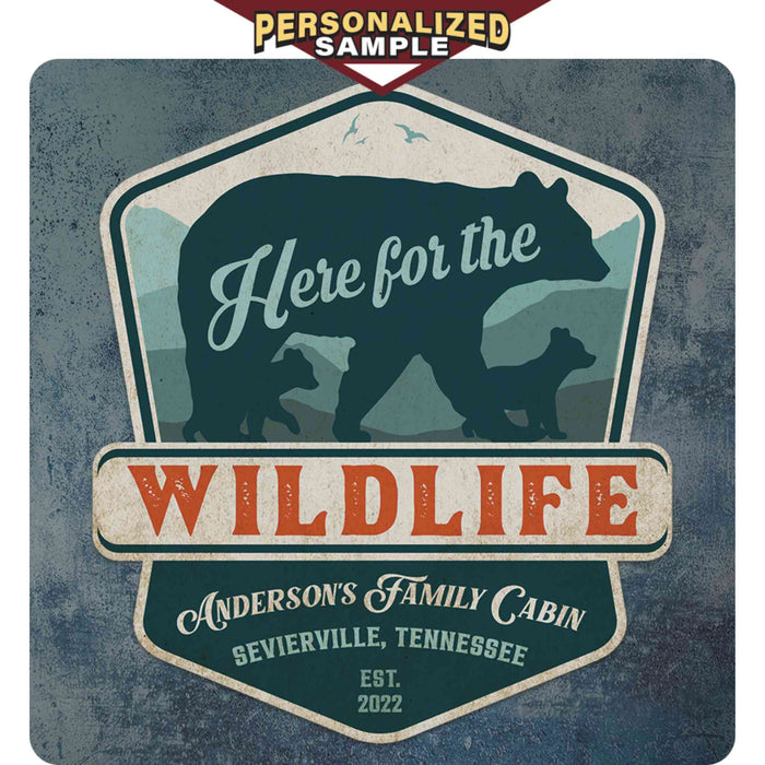 Personalized example of Sunshine Corner's customizable, bear and wildlife decor that says, "Here for the wildlife - it's in my nature - Anderson's Family cabin - sevierville, tennessee - est. 2022".