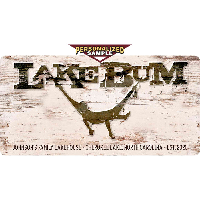 Personalized example of Sunshine Corner's customizable, lake house decor and wall sign that says, "Lake Bum - Johnson's Family Lakehouse - Cherokee Lake, North Carolina - Est. 2020".