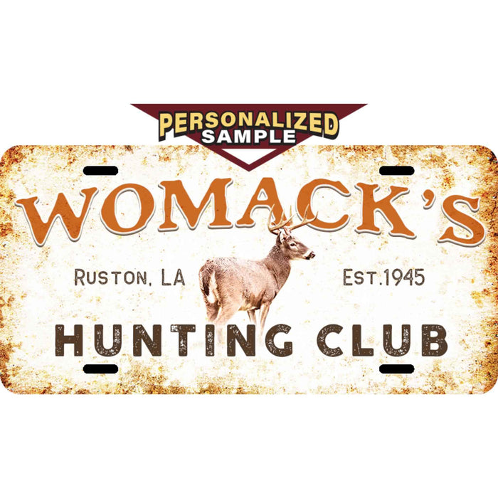 Personalized example of Sunshine Corner's customizable, deer license plate that says, "Big Buck Hunting Club - Ruston, LA - Est. 1945".