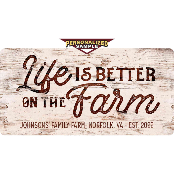 Personalized example of Sunshine Corner's customizable, farm wall decor and sign that says, "Life is better on the farm - Johnson's Family Farm - Norfolk, Virginia - Est. 2022".