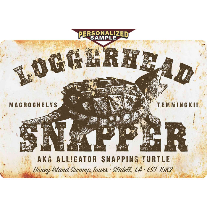 Personalized example of Sunshine Corner's turtle decor and swamp sign that says, "Loggerhead Snapper - AKA alligator snapping turtle - Macrochelys Temminckii - Honey Island Swamp Tours - Slidell, Louisiana - Est. 1982".