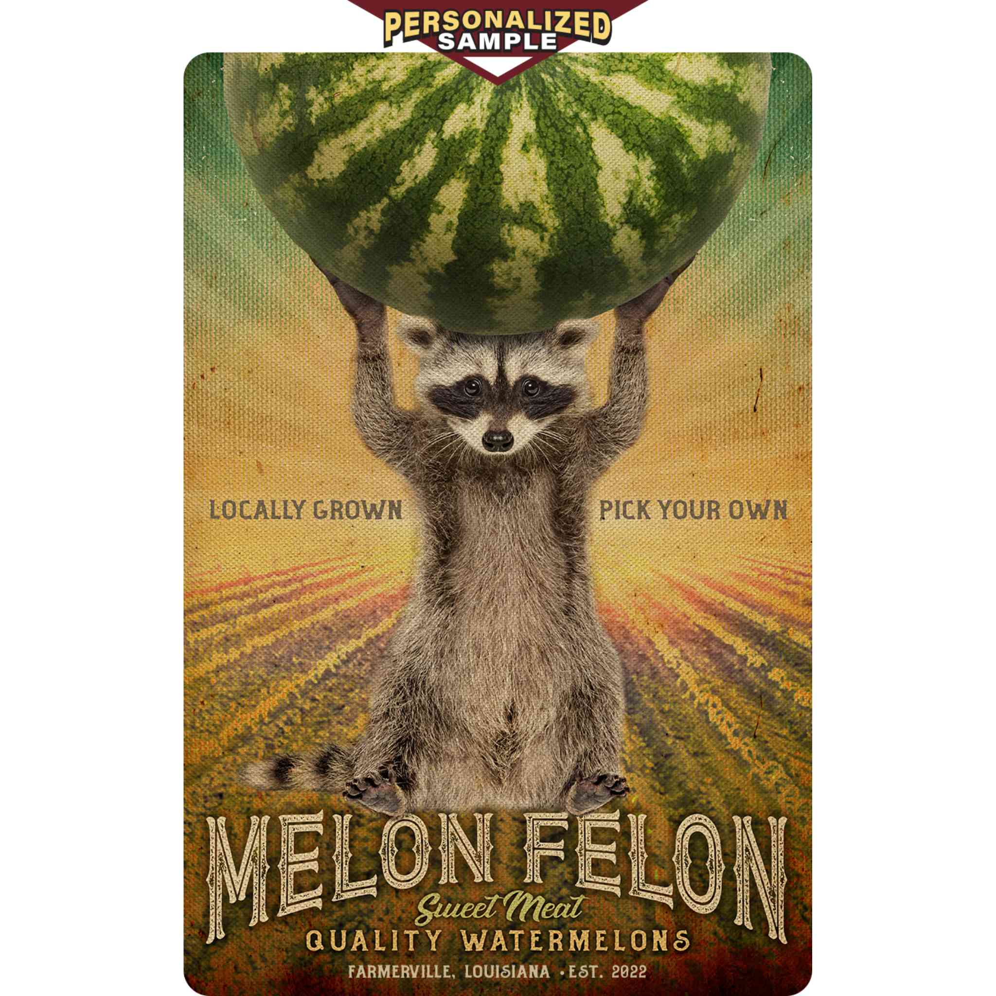 Personalized Example of Sunshine Corner's, customizable farm kitchen sign and raccoon decor that says, 