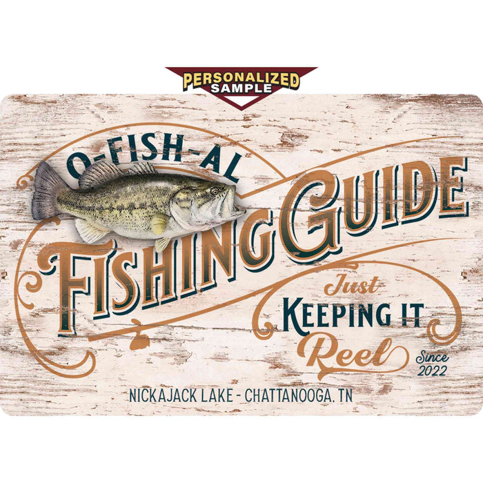 Personalized example of Sunshine Corner's, customizable fish camp sign and bass decor that says, "O-Fish-Al Fishing Guide - Just Keeping It Reel - Nickajack Lake - Chattanooga, Tennessee - Since 2022".