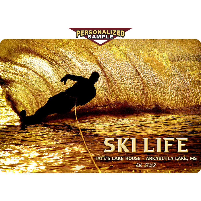 Personalized example of Sunshine Corner's, customizable lake wall decor that says, "Ski Life - Enjoy The Ride - Tate's Lake House - Arkabutla Lake, MS - Est. 2022".